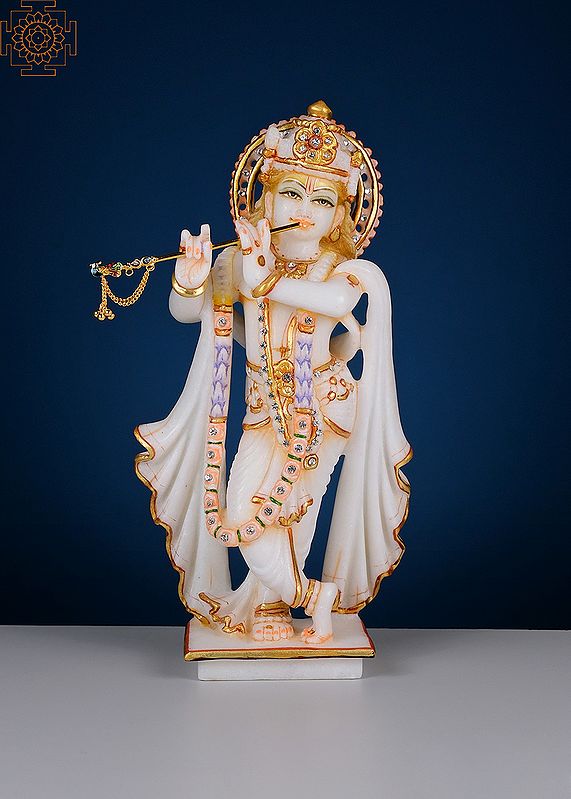 12" Standing Lord Krishna With Flute | Handmade | Marble Lord Krishna | Spiritual Home Decor | Beautiful Krishna Statue