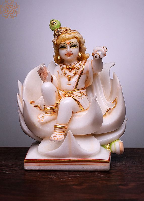 9" Bal Krishna Sitting on Lotus | Handmade | White Marble Krishna | Lord Krishana Idol | Kanha Murty | Gopala | Govinda