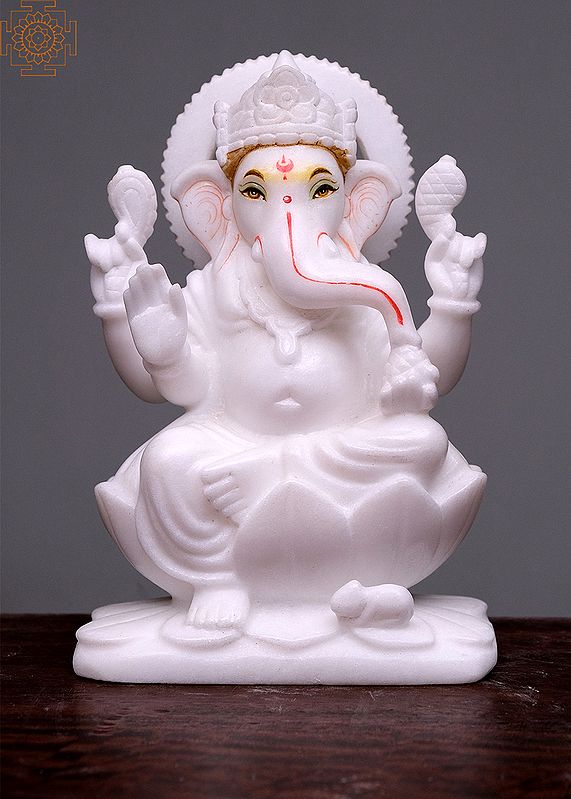 8" Lord Ganesha Seated on Lotus | Handmade | White Marble Ganesh Statue | Ganpati Statue | Ganesh Sculpture | Ganesh Murti | Vinayak
