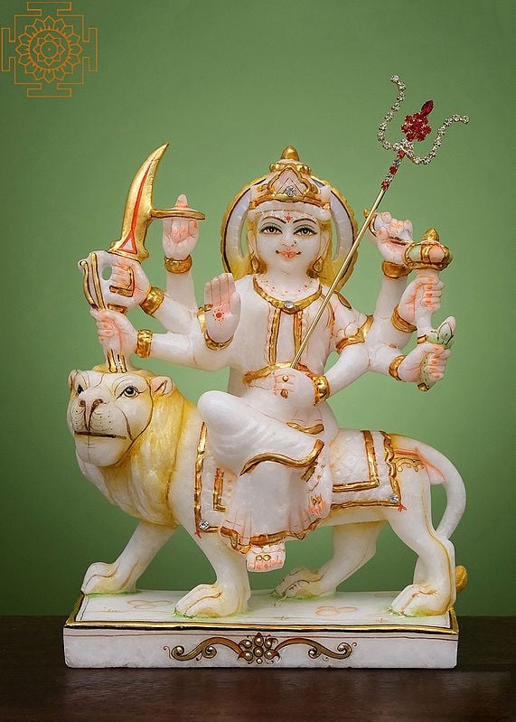 8" Goddess Durga Mata Sitting on Lion| Handmade | Marble Durga Maa Statue | Marble Durga Murti | Goddess Durga Idol Sitting on Lion | Ma Sherawali Idol
