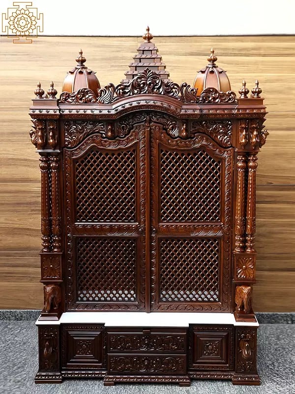 96" Super Large Designer Wooden Temple | Wooden Pooja Mandir | Temple With Doors & Drawers | Handmade | Made In India