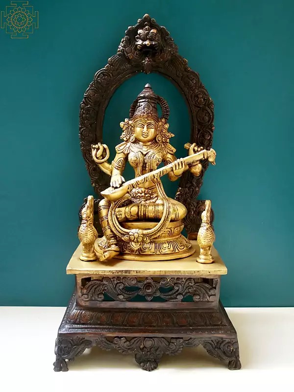 20" Goddess Saraswati with Veena | Brass Goddess Saraswati