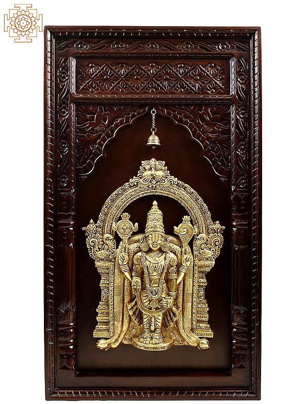 47" Tirupati Balaji Brass Idol in Temple Wooden Frame Wall Hanging | Handmade