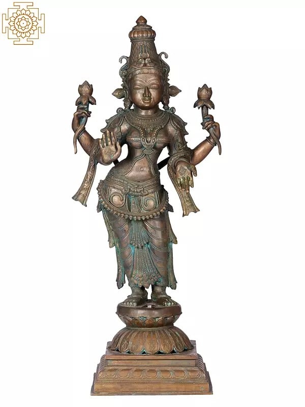 27" Standing Devi Lakshmi on Lotus Base | Madhuchista Vidhana (Lost-Wax) | Panchaloha Bronze from Swamimalai