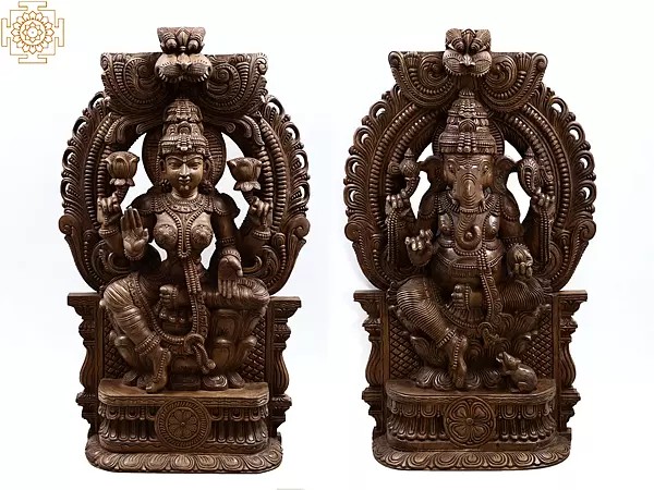 49" Large Wodden Goddess Lakshmi with Lord Ganesha