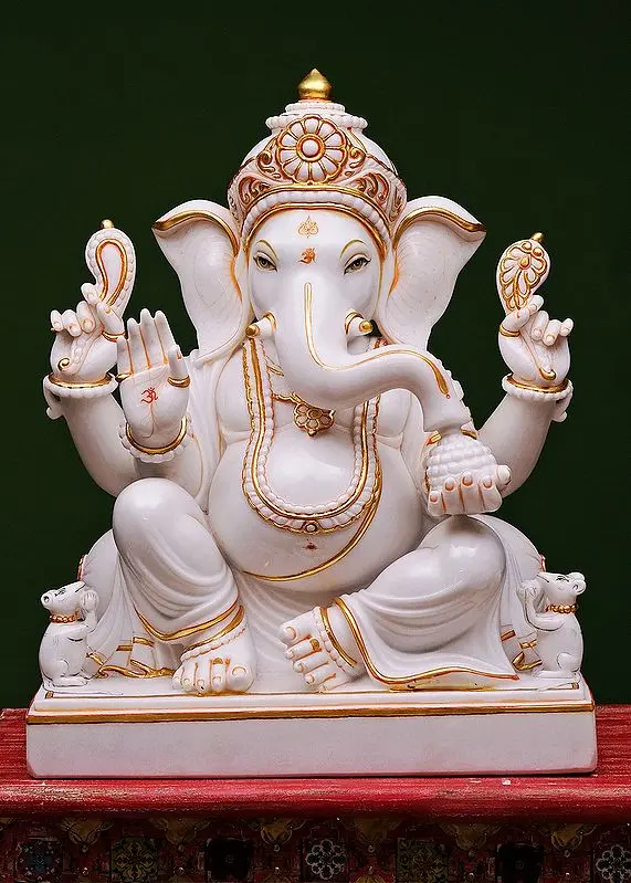 White Marble Ganesha Statue - 30" Tall