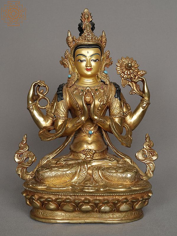 10" Chenrezig Copper Statue with Gold Gilded | Nepalese Copper Idol