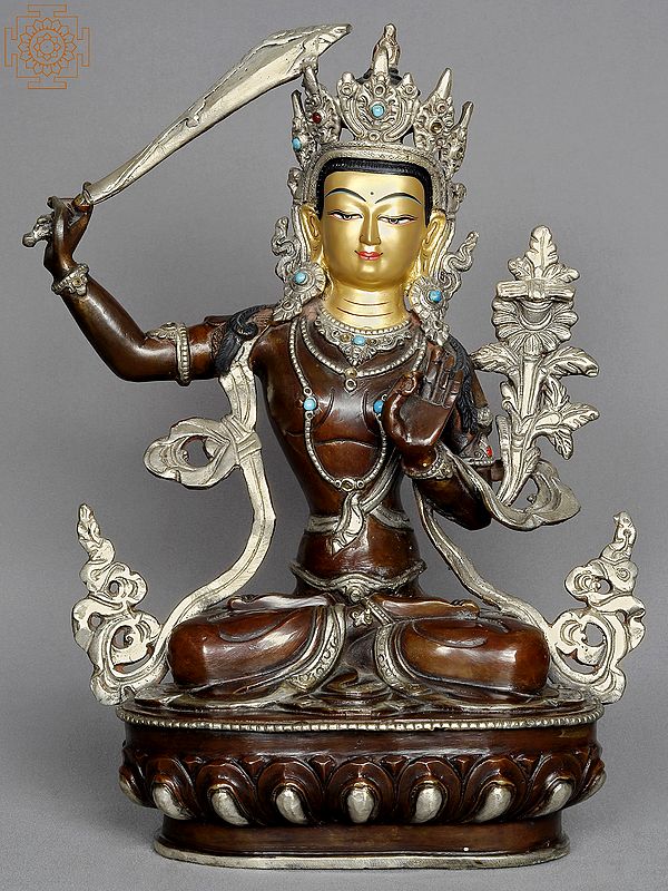 13" Manjushri Statue from Nepal | Copper Sculpture with Gold