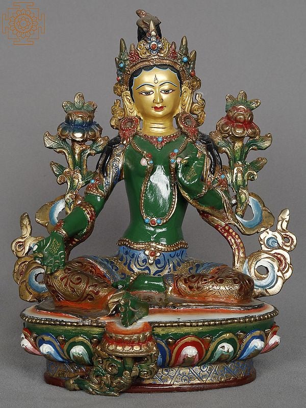 8" Green Tara Copper Idol from Nepal | Copper with Gold