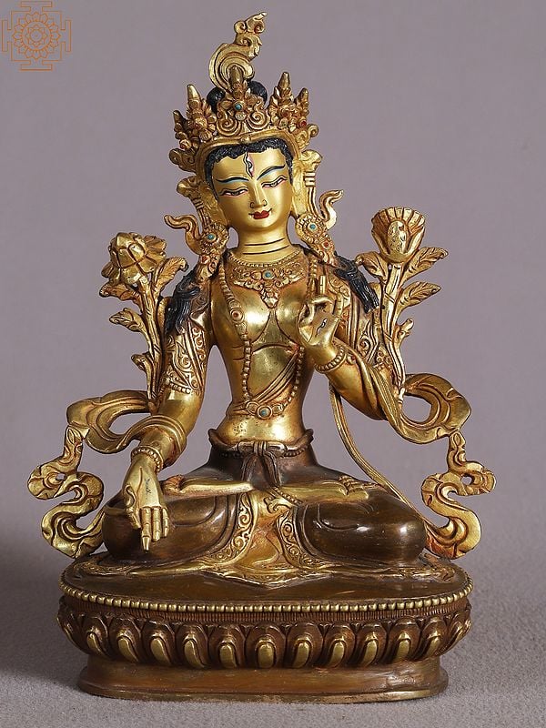 9" Goddess White Tara Idol from Nepal | Copper Statue with Gold Gilded