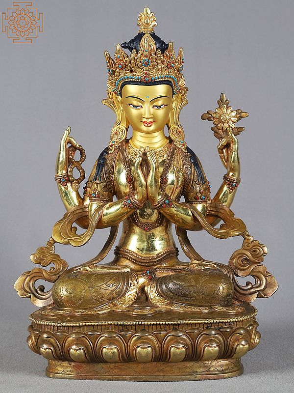 14" Kharchari Copper Idol from Nepal | Chenrezig Copper Statue