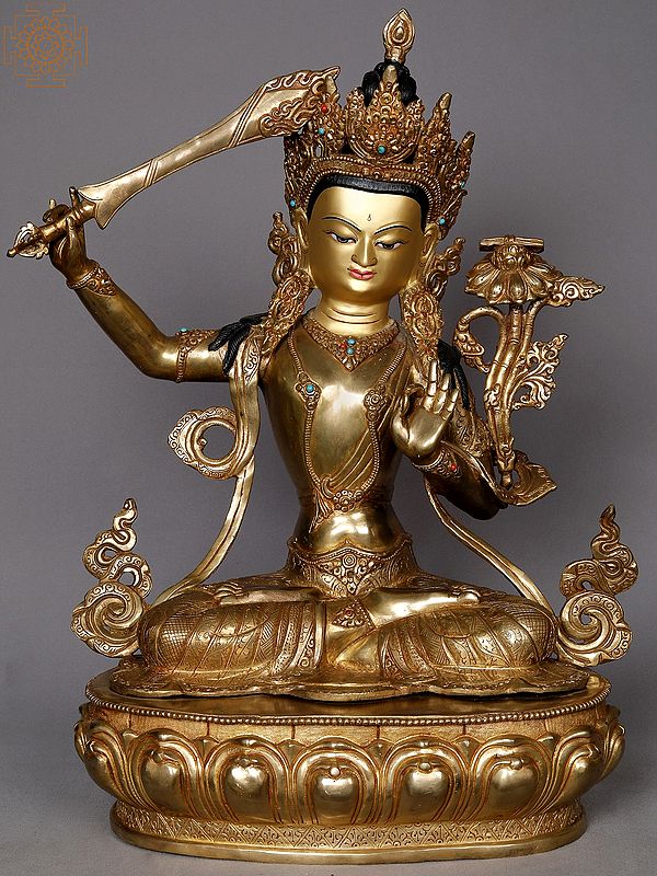19" Manjushri Copper Statue from Nepal | Buddhist Deity Idols