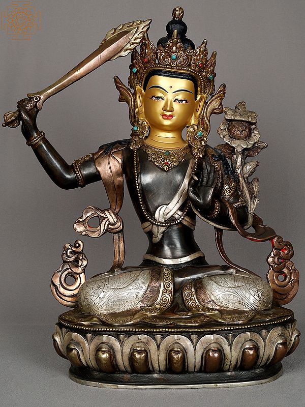 13" Buddhist Deity Manjushri Copper Statue from Nepal | Authentic Nepalese Sculpture