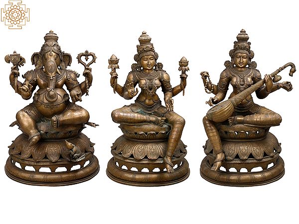 35" Large Lord Ganesha, Maa Lakshmi and Devi Saraswati (Set of 3 Bronze Statues)
