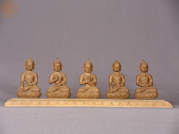 15" Wooden Pancha Buddha Statue (Five Dhyani Buddhas)