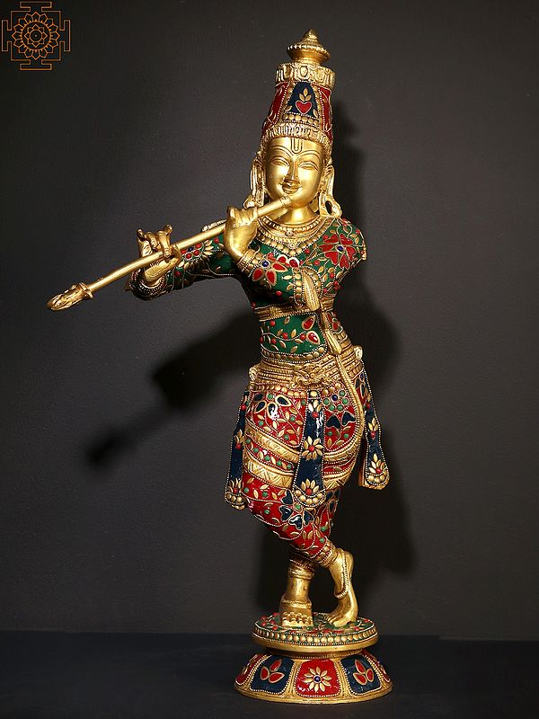 23" Bhagawan Shri Krishna Playing Flute | Brass Statue with Inlay Work