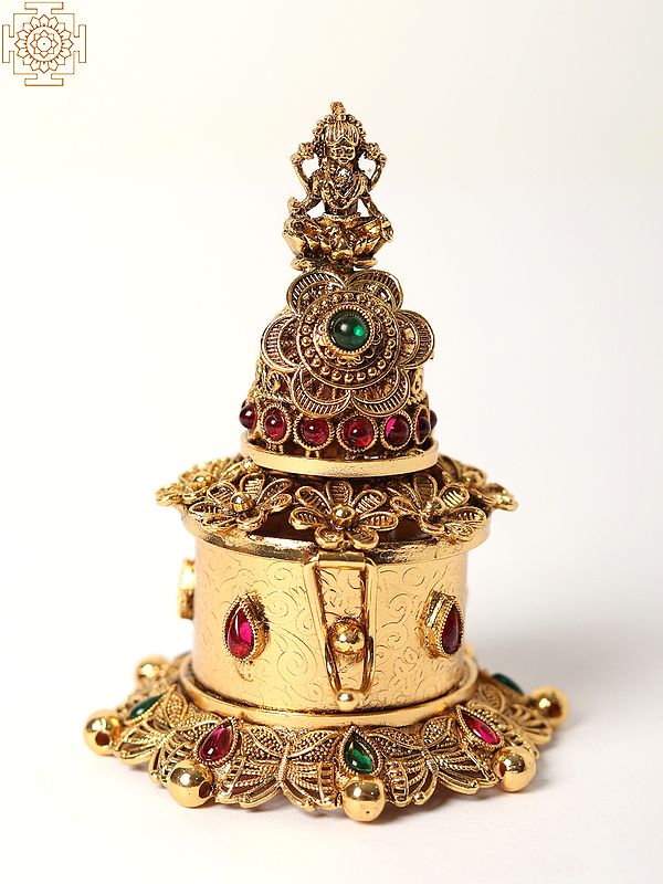 Blessing Lakshmi On Sindoor Box With Colorful Stone - Brass