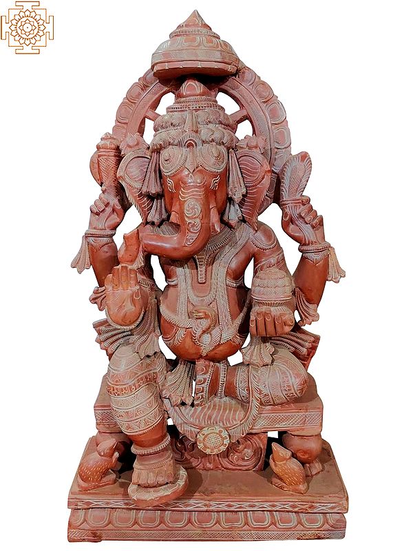36" Ganapati With Two Mushak - Red Serpentine Stone