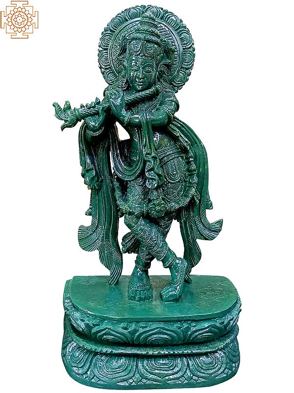 15" Standing Krishna With Playing Flute- Green Stone Polish