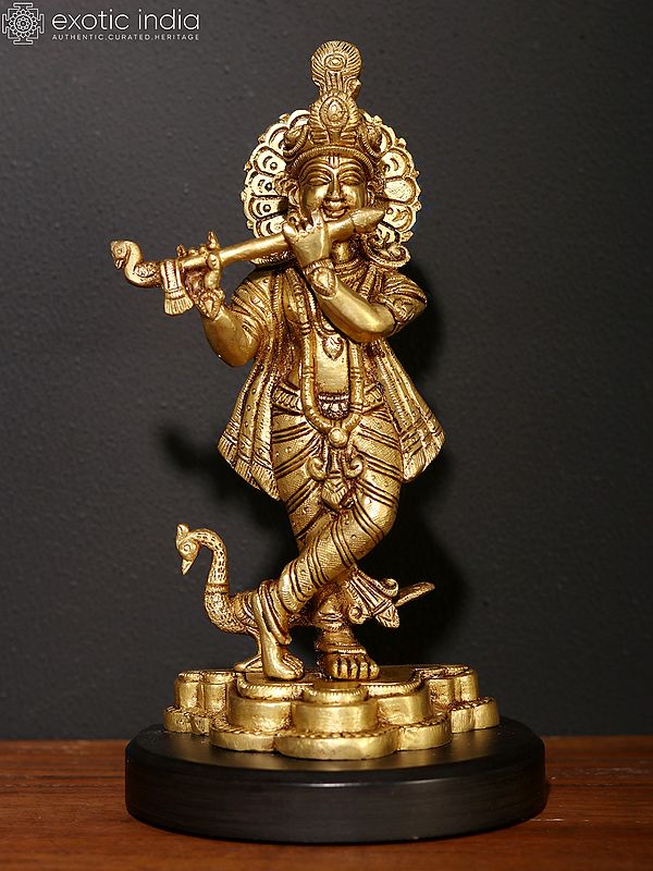 8" Brass Lord Krishna Standing on Wood Base Playing Flute with Peacock