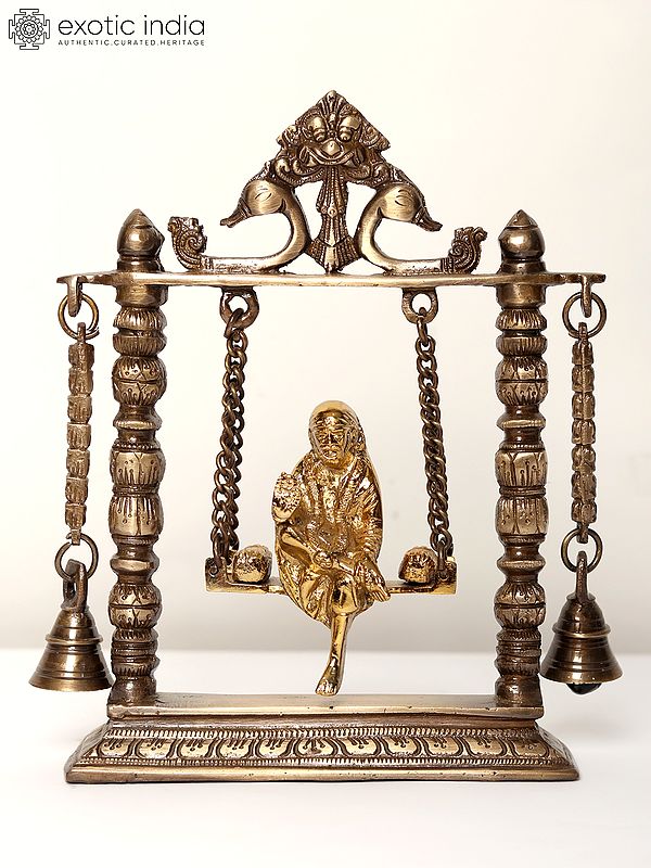 10" Shirdi Sai Baba on a Swing With Hanging Bells | Electroplated Brass Statue
