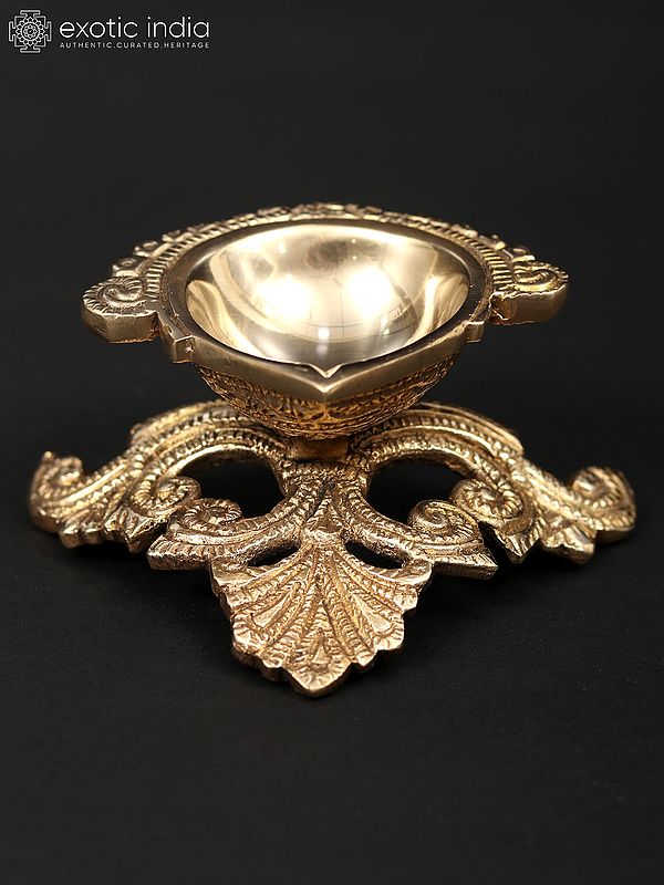 4" Small Brass Designer Deepak (Diya) with Stand