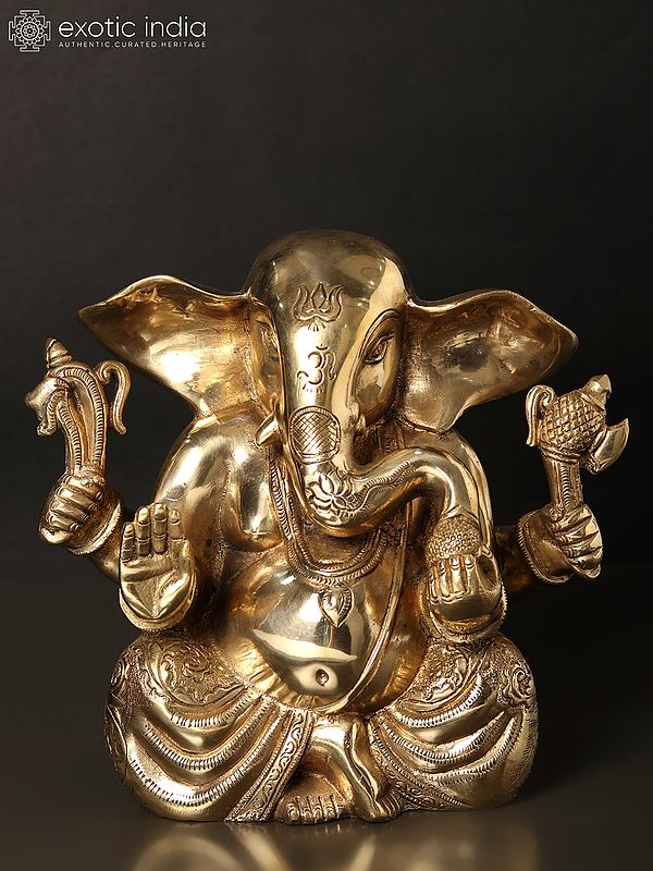 8" Large Ears Chaturbhuja Lord Ganesha Brass Statue