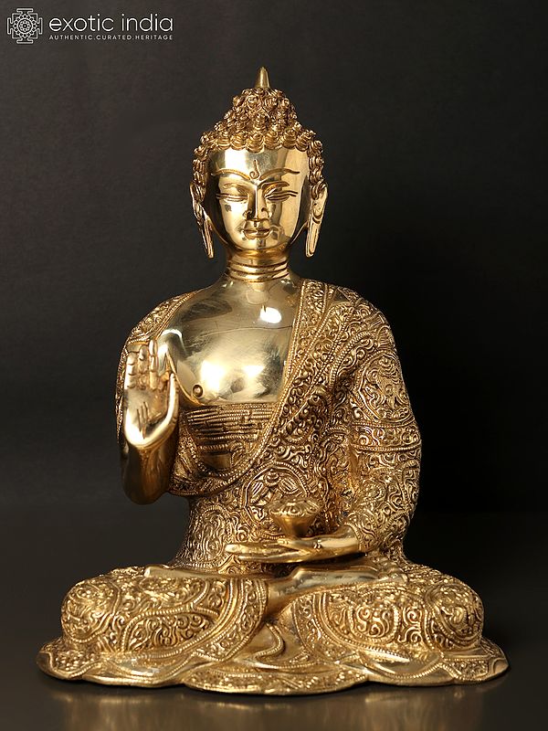 10" Buddha Finely Carved with Ashtamangala Robe | Brass Statue