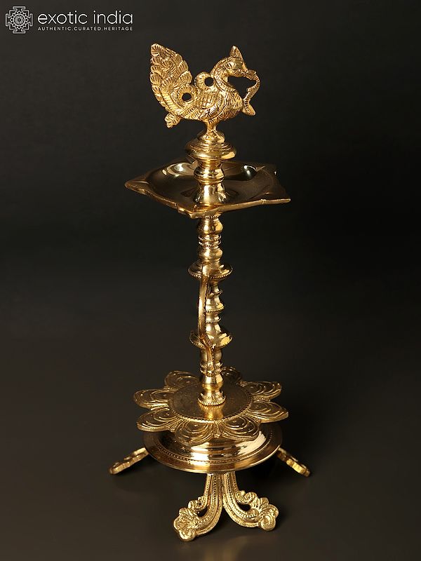 12" Five Wicks Designer Peacock Lamp in Brass