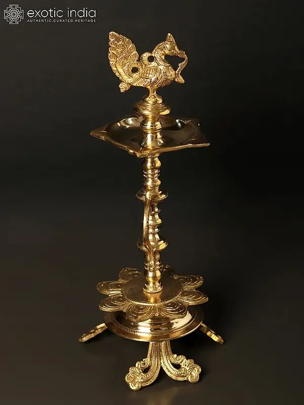 12" Five Wicks Designer Peacock Lamp in Brass