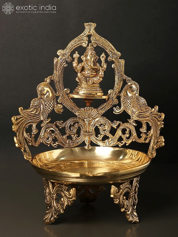 11" Ganesha Lamp (Diya) with Parrots in Brass
