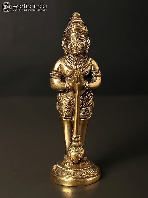 5" Small Standing Lord Hanuman Brass Statue in Namaskar Mudra