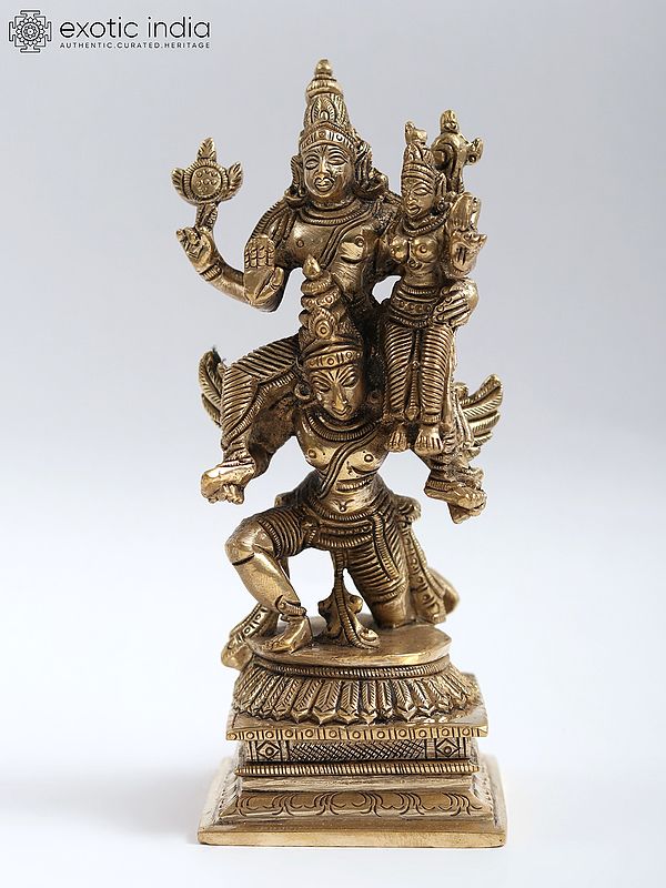 5" Small Lord Vishnu with Goddess Lakshmi Seated on Garuda