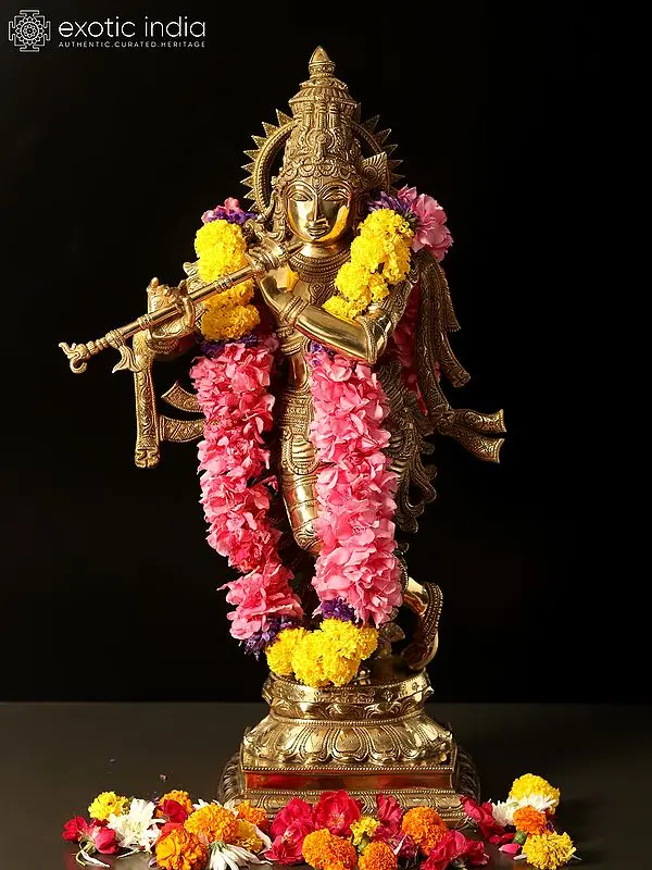 26" Lord Krishna Idol Playing Flute | Brass Statue