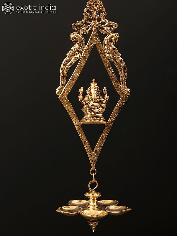 17" Five Wicks Ganesha Wall Hanging Lamp in Brass