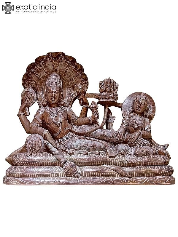 18" Lord Vishnu'S Statue With Goddess Lakshmi | Red Marble