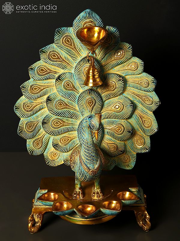 14" Peacock Six Wicks Oil Lamp with Hanging Bell