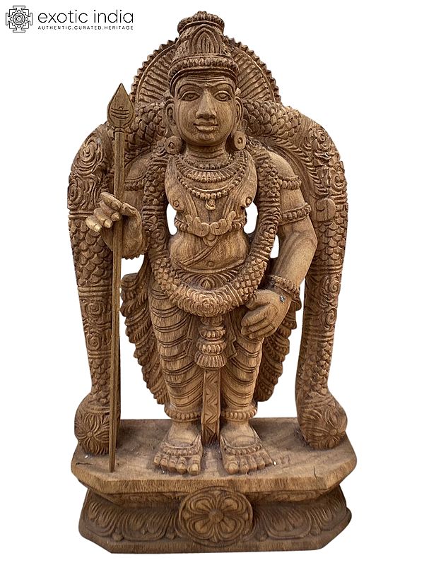 18" Wood Statue Of Lord Kartikeya