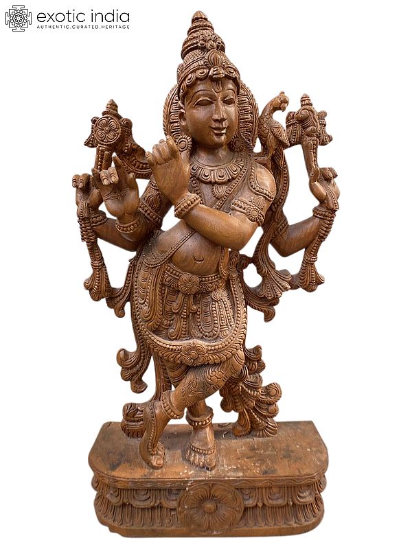 36" Wood Chaturbhuja Lord Krishna