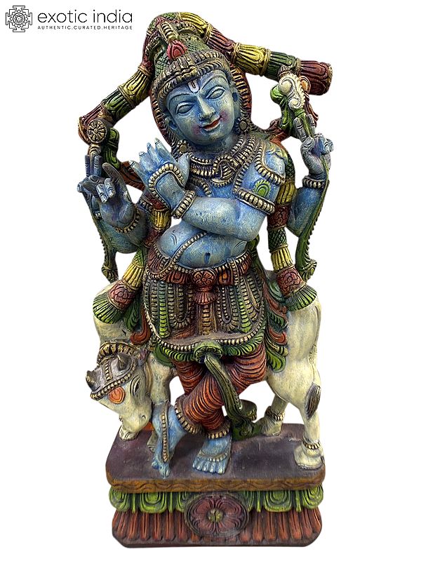 30" Wood Lord Krishna With Cow