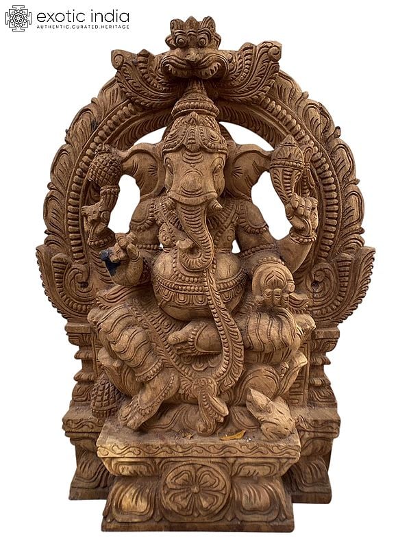 23.5" Wood Lord Ganesha Seated On Aasana