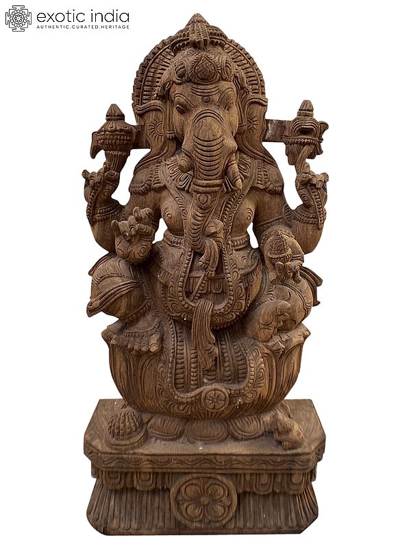 25" Wood Lord Ganesha Seated On Lotus