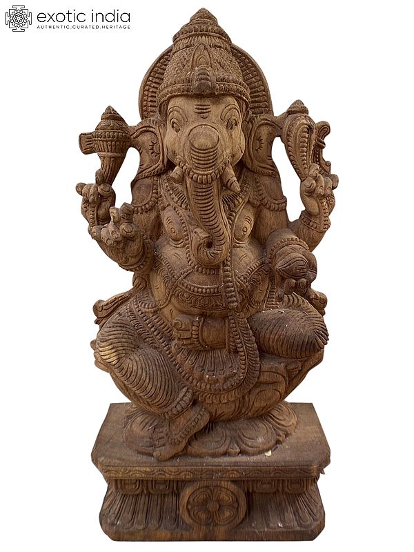 25" Wood Statue Of Chaturbhuja Ganesha