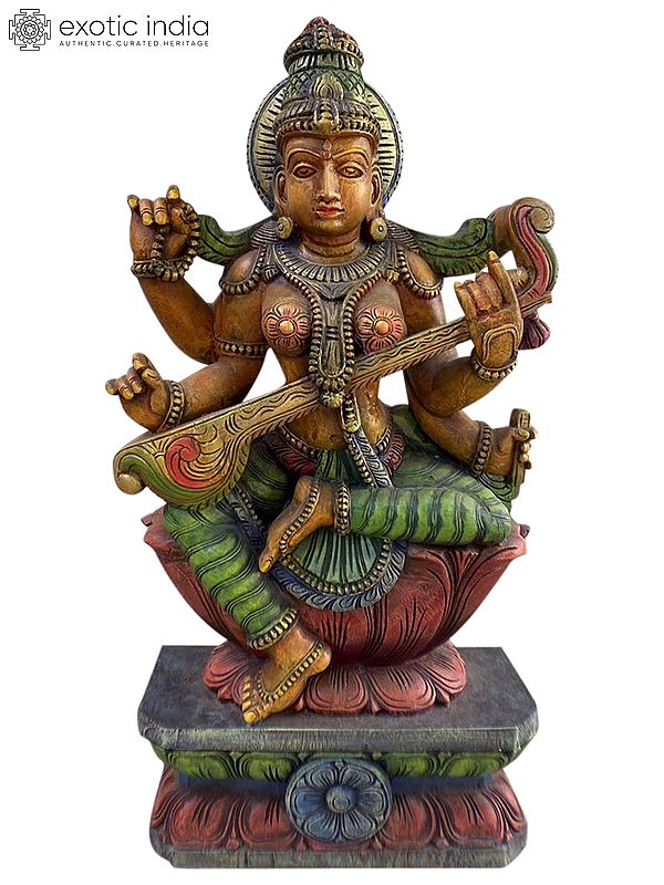 24" Wood Idol Of Goddess Saraswati