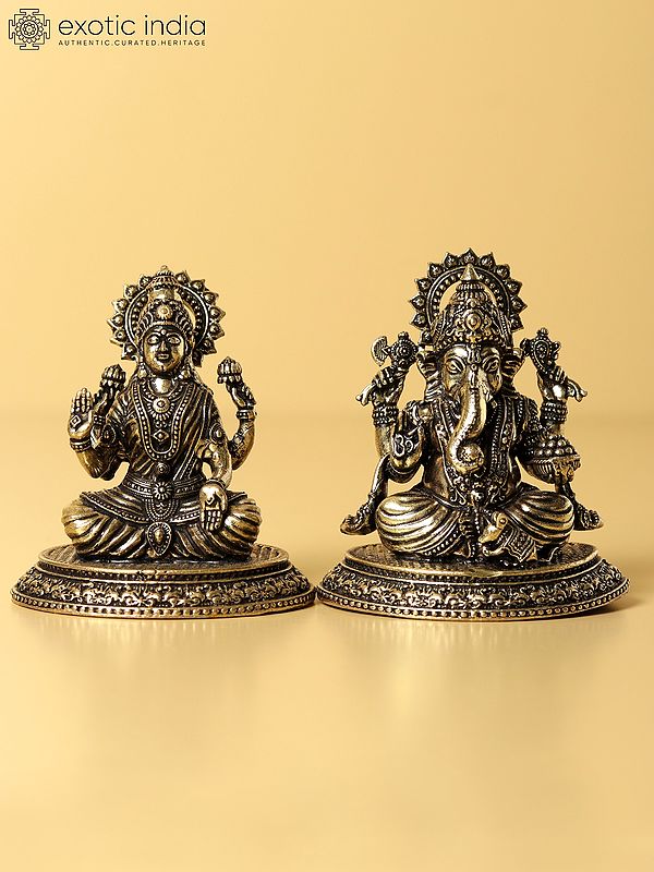 2" Seated Lord Ganesha with Goddess Lakshmi | Small Size Brass Statue