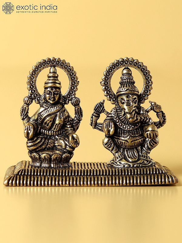2" Small Brass Beautiful Statue of Lakshmi and Ganesha