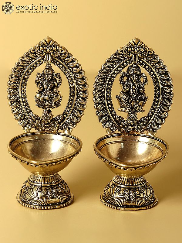 4" Fine Quality Pair of Lakshmi Ganesha Oil Lamp