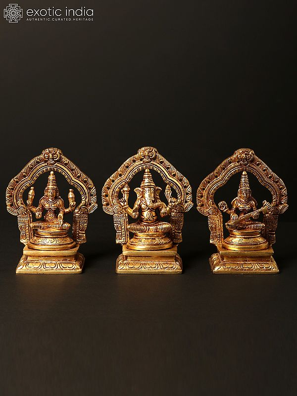5" Small Set of Lakshmi Ganesha Saraswati | Brass Statues