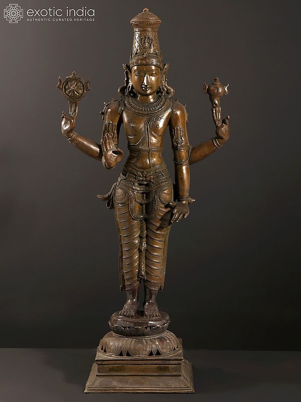 36" Large Four-Armed Standing Lord Vishnu Bronze Sculpture