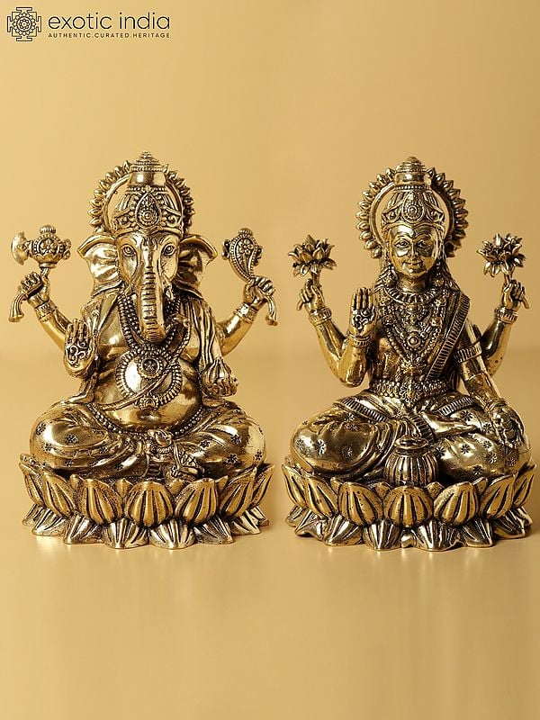 4" Small Superfine Pair of Ganesha Lakshmi Seated on Lotus | Brass Statues